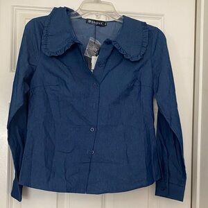 Allegra K Navy Blue Ruffled Collar Button-Front Blouse